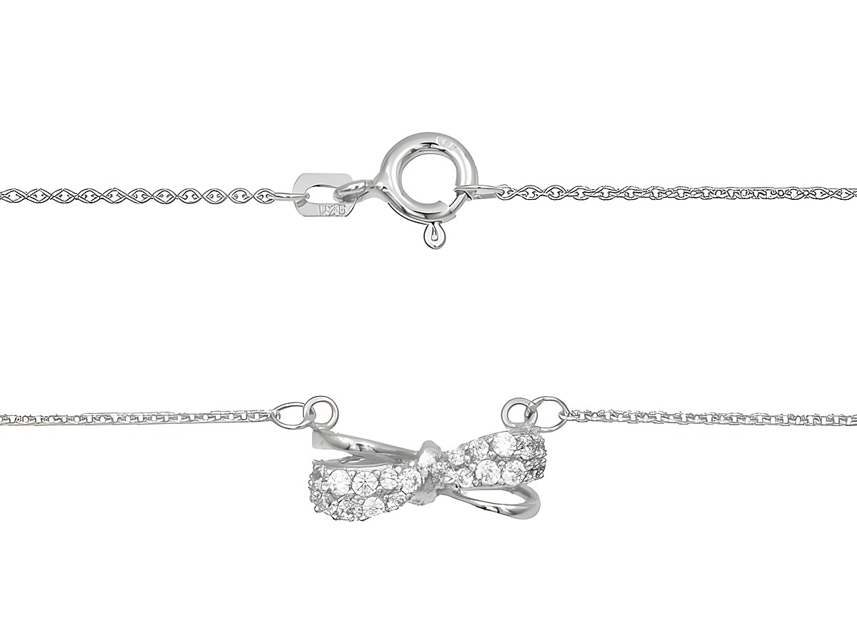 Kette mit Anhänger in Form einer Schleife aus 925 Sterling Silber, poliert und rhodiniert, verziert mit Zirkonia-Steinen, Länge 41+45 cm, hergestellt von Juwelier Harnisch.