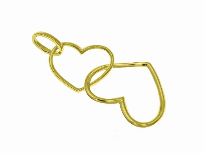 Zwei verbundene Herzanhänger aus Sterling Silber mit Gelbgold Vergoldung, elegant designed, geeignet für personalisierte Schmuckstücke, Hersteller Juwelier Harnisch.