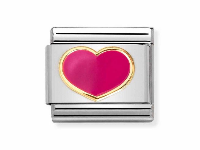Edelstahlarmbandglied von Nomination mit magentafarbenem Emaille-Herz und goldener Umrandung, passend für die Classic LOVE Kollektion.