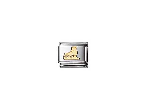 Ein goldfarbener Charm mit einem Schlittschuh-Design, der auf einem silbernen Hintergrund platziert ist, ideal für Fans des Eissports und als modisches Accessoire.