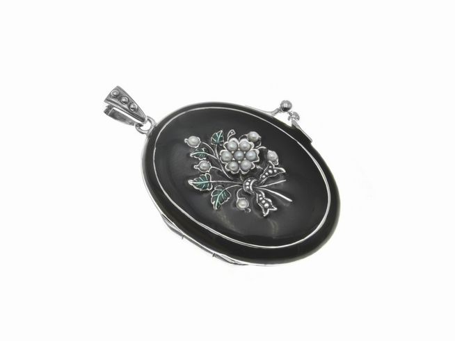 Blume Medaillon Sterling Silber emailliert, ovales Design mit floralen Motiven in zarten Farben, Hersteller: Juwelier Harnisch. Ideal als stilvolles Schmuckstück für besondere Anlässe.
