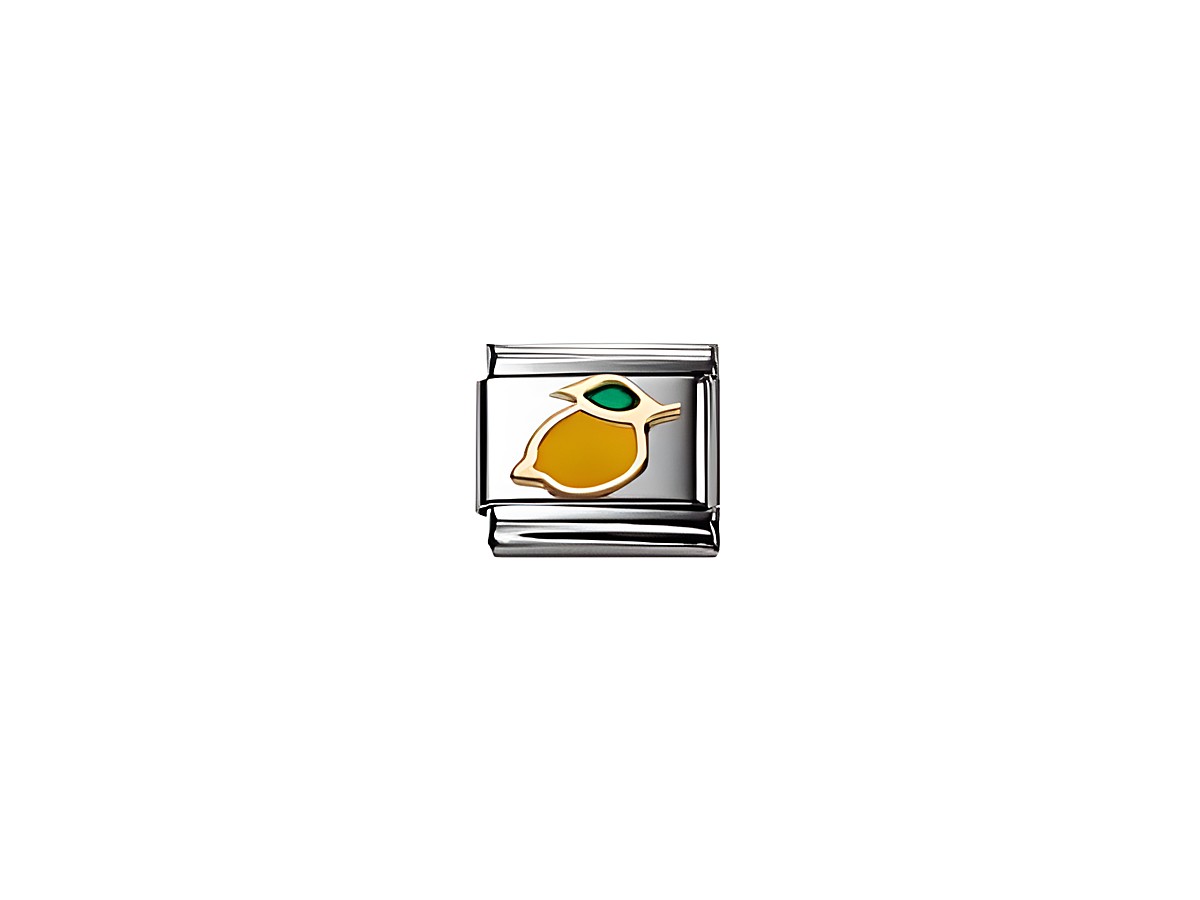 Abgebildet ist ein silberner Charm mit einer gelben Zitrone und einem grünen Blatt, passend zur Kollektion NOMINATION Classic FRUITS. Ideal für Schmuckliebhaber.