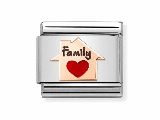 Armbandglied aus Edelstahl mit rosegoldener Emaille, zeigt ein Haus mit dem Schriftzug Family und einem roten Herz, symbolisiert Zusammenhalt und Liebe zur Familie.