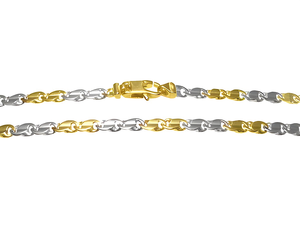 Bicolor Goldkette 750 mit Designer Muster, 46cm lang und 4mm breit, hergestellt von Juwelier Harnisch, aus Bicolor/Tricolor Material, ideal für eleganten Schmuck.