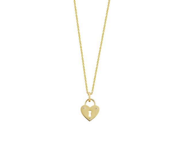 Xenox Sterling Silber Kette XS3613G in Gelbgold Vergoldung mit einer Herzanhängung in Form eines Schlosses, ideal für romantische Anlässe, verstellbar von 40 bis 45 cm.