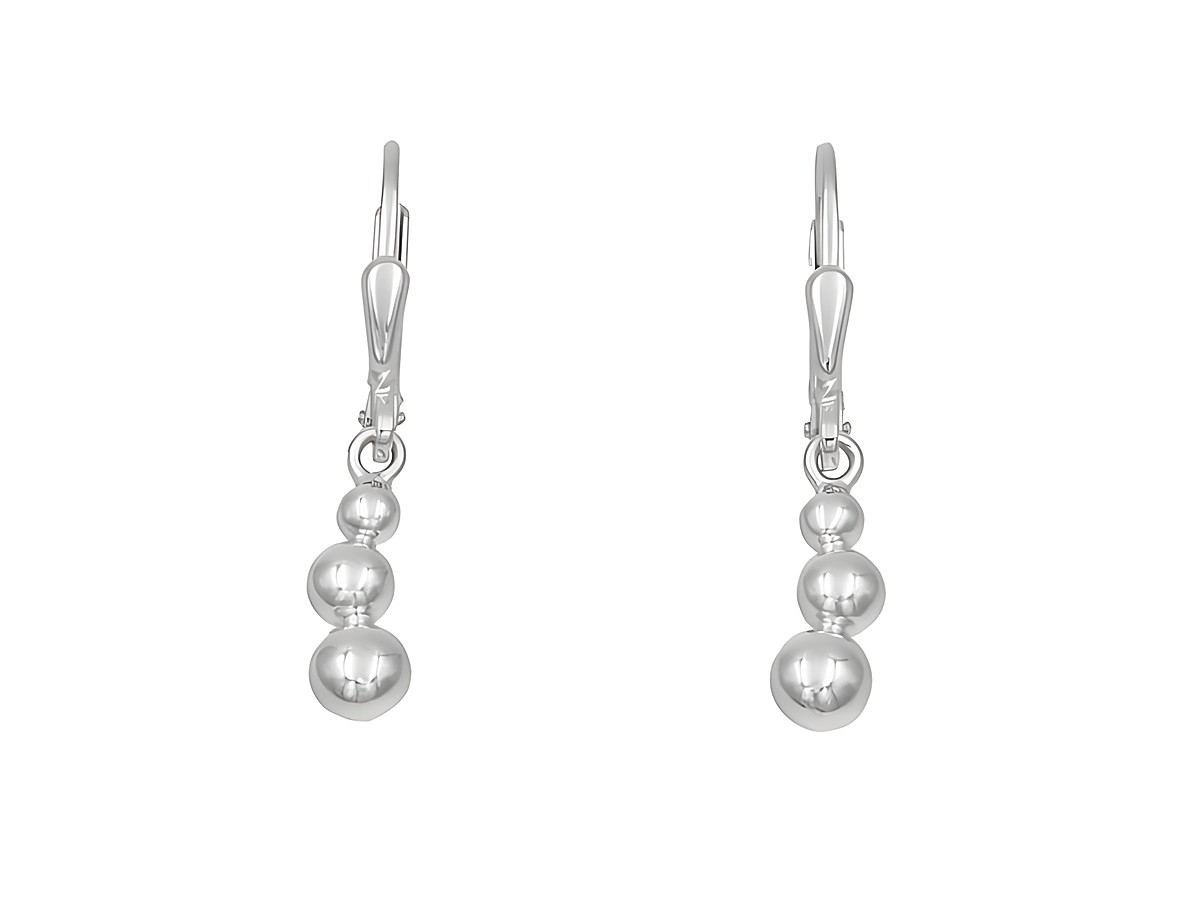 Ohrhänger aus rhodiniertem Sterling Silber, poliert, mit drei gleich großen Perlen ohne Stein, Hersteller Juwelier Harnisch, elegantes und zeitloses Design.