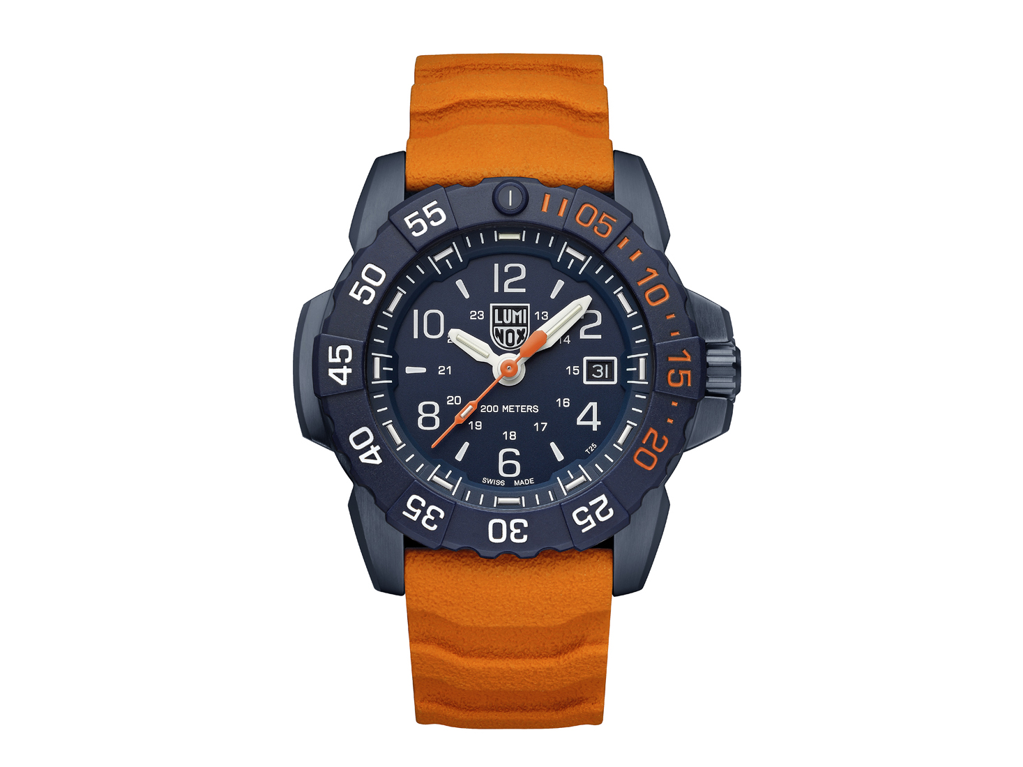 Luminox Uhr XS.3253.CBNSF.SET aus der SEA Serie in Blau mit orangefarbenem Silikonarmband. Gehäusedurchmesser 45 mm, wasserdicht bis 200 Meter, robustes design.