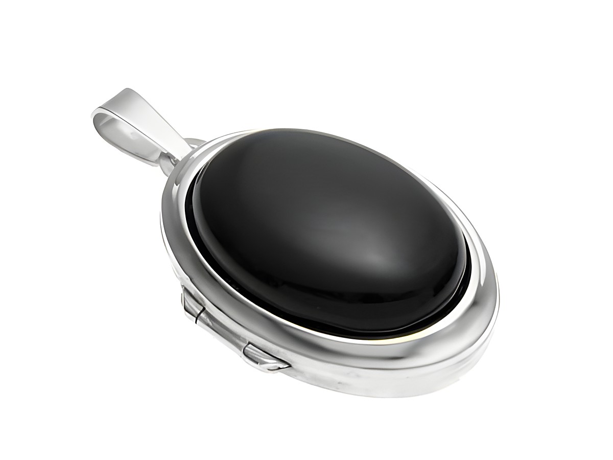 Regenbogen Obsidian Medaillon Cabochon in Weißgold 585, Hersteller Juwelier Harnisch, ovaler schwarzer Stein in eleganter Fassung, ideal als modisches Schmuckstück.