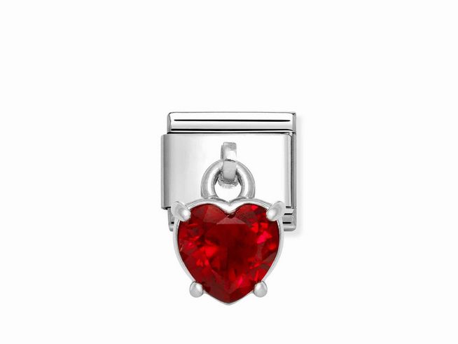 Charm von Nomination aus Sterling Silber und Edelstahl, Herzform mit rot leuchtendem Zirkonia, ideal für individuelle Armbänder. Elegantes und romantisches Design.