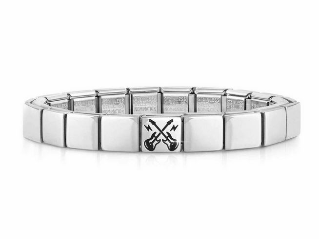 423910145-0 Edelstahl Armband von Nomination mit Gitarre und Blitzmotiv, moderne und stilvolle Ergänzung für Musikliebhaber, ideal für jeden Anlass.