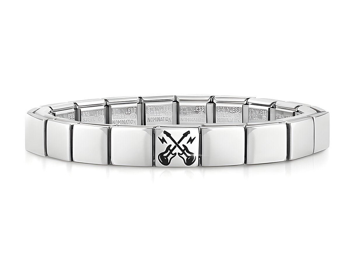 Edelstahl Armband von Nomination mit Gitarre und Blitzmotiv, moderne und stilvolle Ergänzung für Musikliebhaber, ideal für jeden Anlass.
