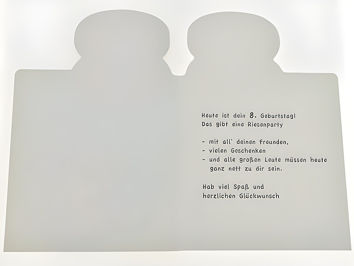 Bunte Geburtstagskarte mit Luftballons, Innenansicht mit Text für einen Geburtstagsgruß, Hersteller Juwelier Harnisch, ideal für Glückwünsche zum 8. Geburtstag. – Ansicht 2