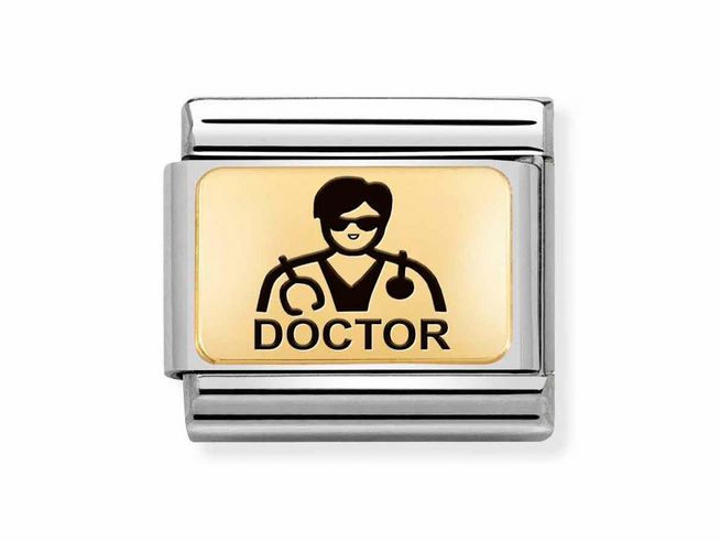 Edelstahl und Gold charm von Nomination mit emaillierter Darstellung eines Arztes, der eine Sonnenbrille trägt, und dem Schriftzug Doctor in schwarzer Schrift.