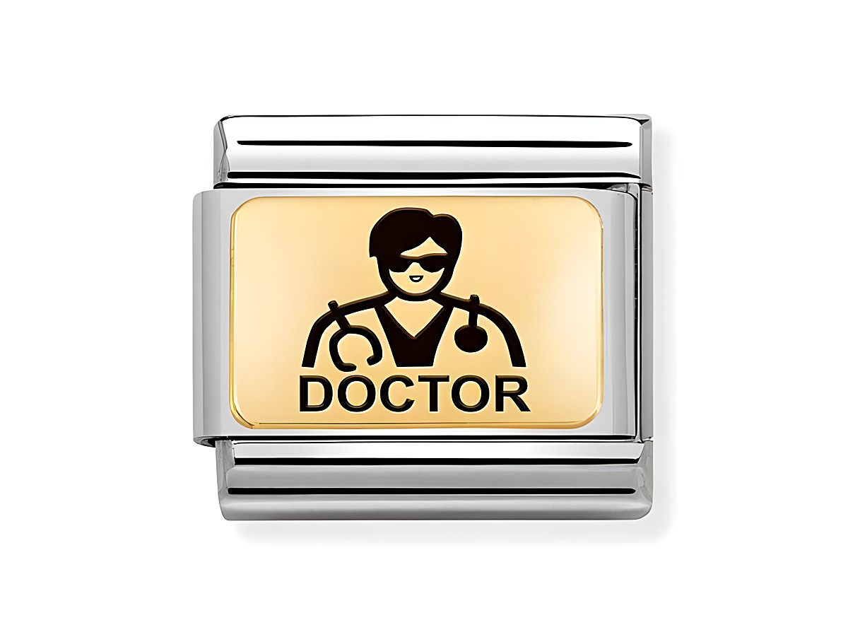 Edelstahl und Gold charm von Nomination mit emaillierter Darstellung eines Arztes, der eine Sonnenbrille trägt, und dem Schriftzug Doctor in schwarzer Schrift.