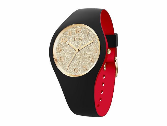Die Ice watch 022325 - ICE loulou Black gold glitter in Schwarz und Rot hat ein glitzerndes goldfarbenes Ziffernblatt, ein schwarzes Gehäuse und ein rotes Armband, ideal für jeden Anlass.