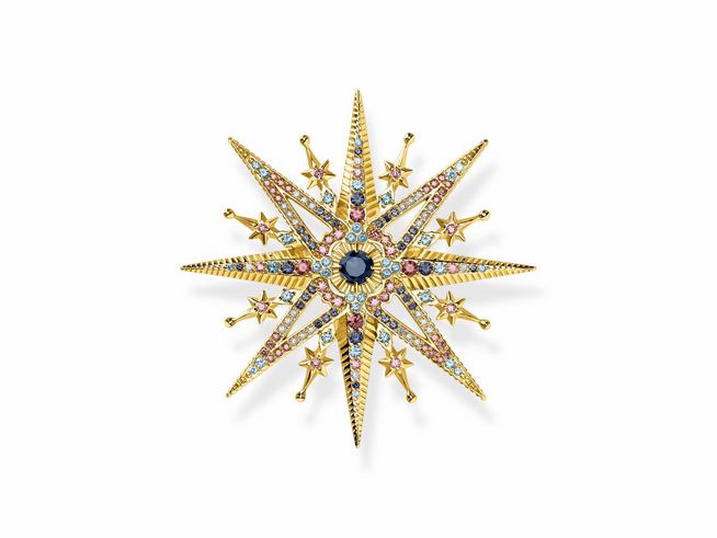 Brosche von Thomas Sabo in Form eines Sterns, aus vergoldetem Sterling Silber, verziert mit syn. Spinell und Zirkonia in verschiedenen Farben, Funkeln und strahlendes Design.