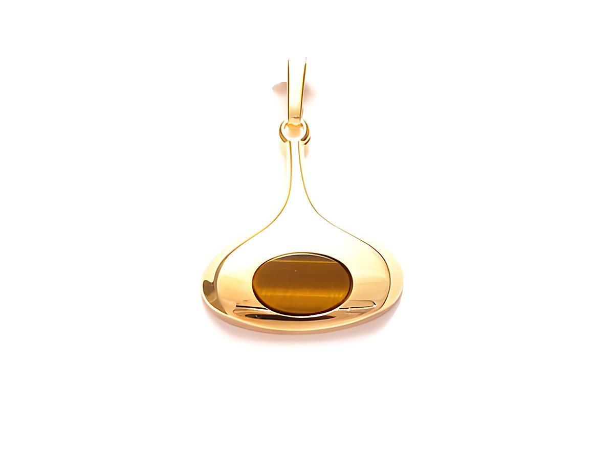 Designer Tigerauge Anhänger mit Gold Auflage von Juwelier Harnisch, eleganter, geschwungener Anhänger mit ovalem Tigerauge in einer hochwertigen Goldfassung.