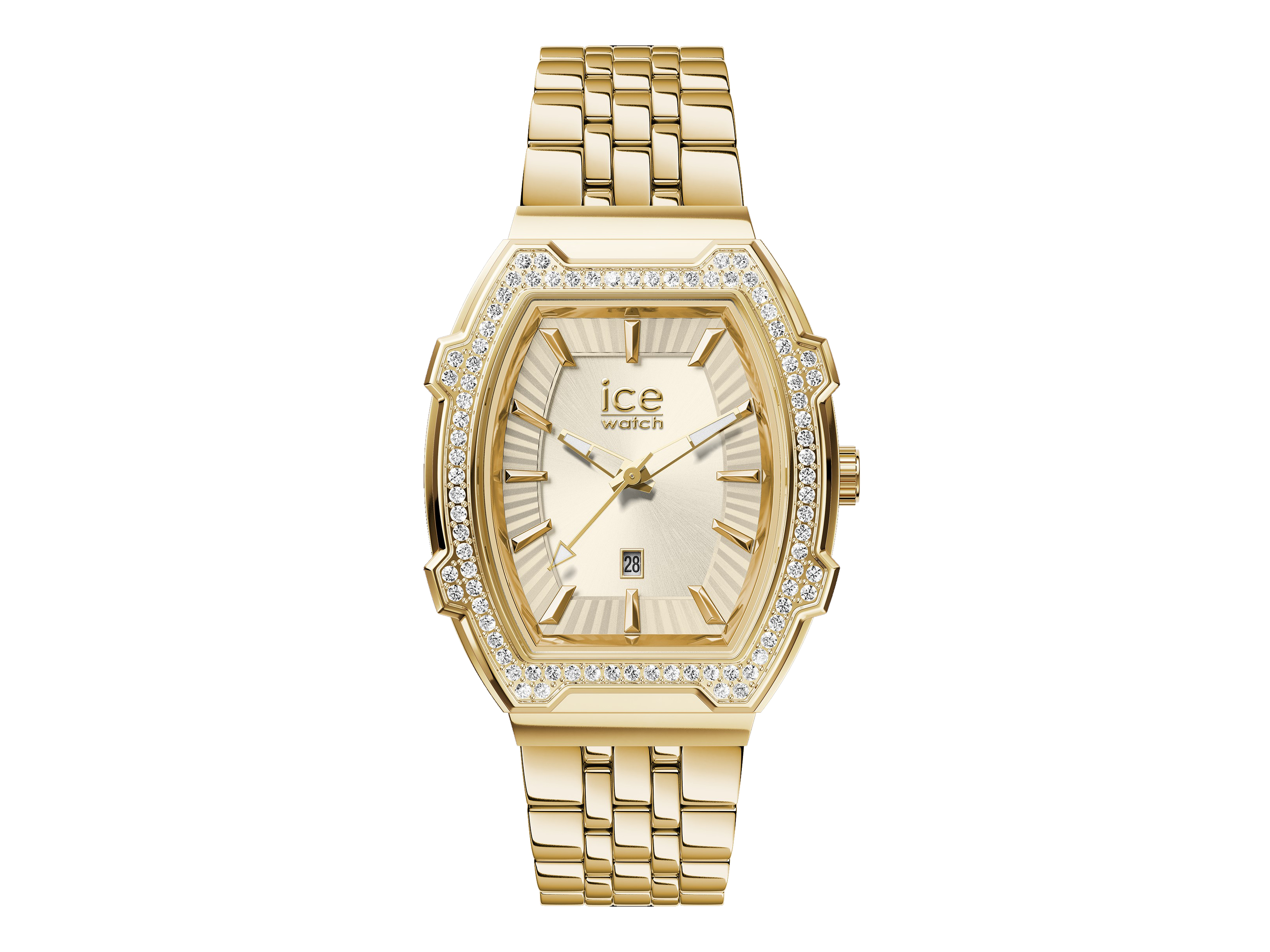Die Ice Watch 024971 ICE boliday Uhr in Gold und Weiß für Damen präsentiert sich elegant mit einem goldenen Gehäuse, einer funkelnden Lünette und einem stilvollen Armband.