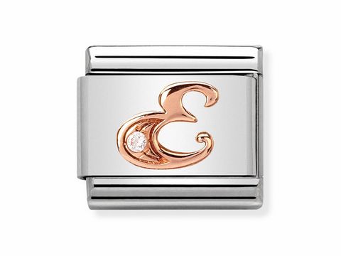 Der Buchstabe E in rosegold mit einem kleinen Stein auf einem silbernen Grund für das Nomination Composable Classic System. Ideal zur individuellen Gestaltung von Armbändern.
