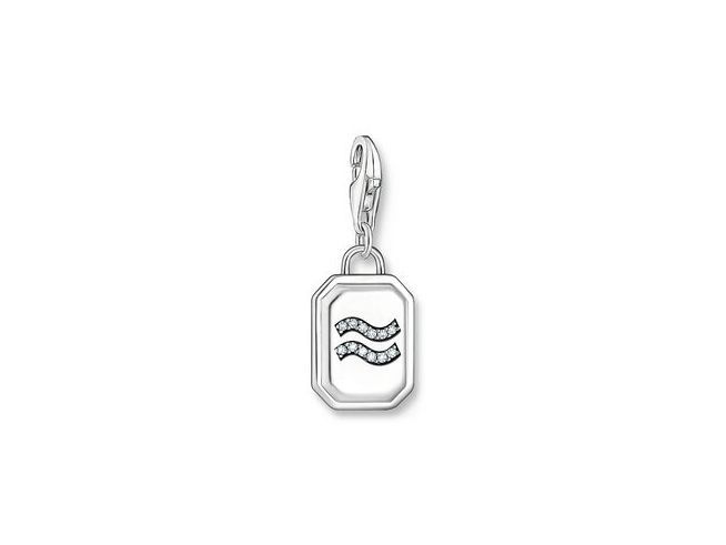 Charm-Anhänger von Thomas Sabo mit Sternzeichen Wassermann aus geschwärztem Silber und Zirkonia, zeichnet sich durch waveförmiges Design und glänzende Details aus. Neuheit im Sortiment.