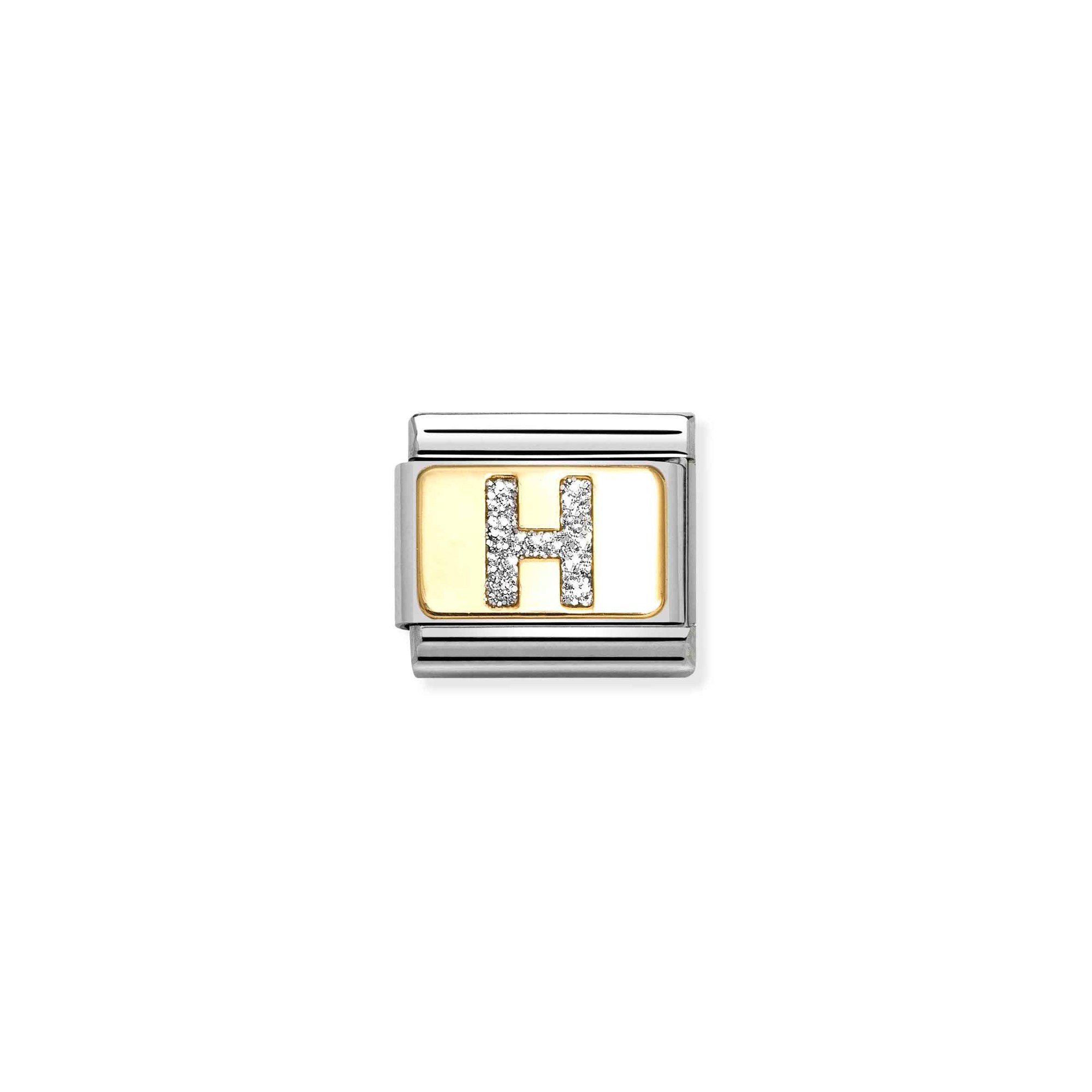Nomination Composable Classic Charm Buchstabe H Silberglitzer - Edelstahl, Gold 750, Emaille