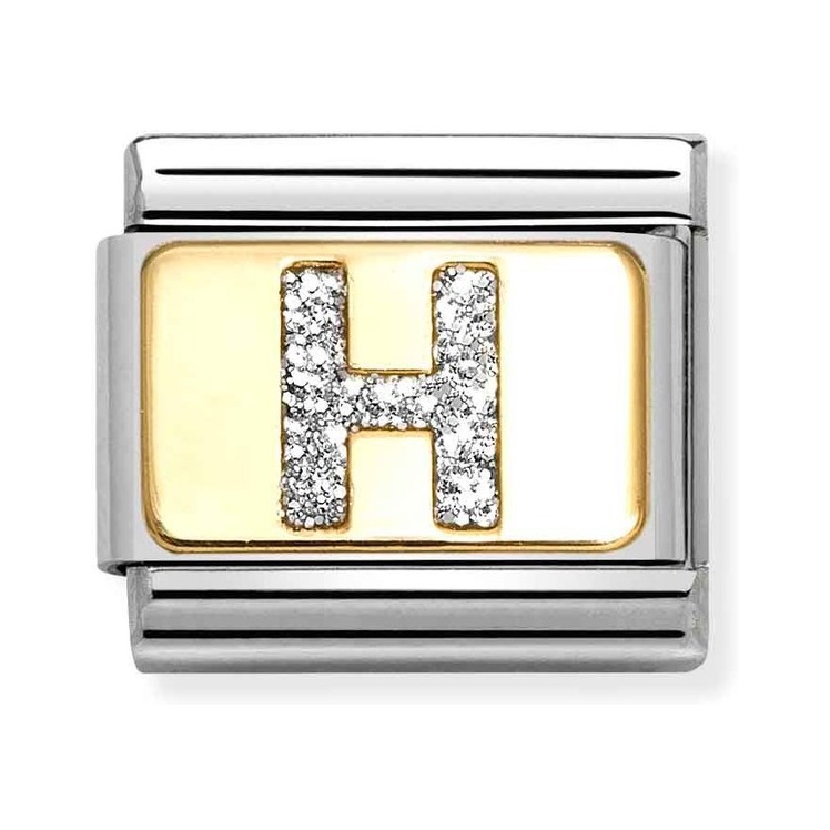 Nomination Composable Classic Charm Buchstabe H Silberglitzer - Edelstahl, Gold 750, Emaille