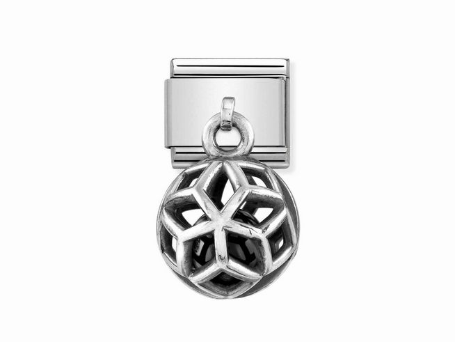 433181004-0 Kugel aus Sterling Silber mit schwarzem Achat von Nomination, verzierten Geometrieformen und integriertem Befestigungsring, ideal für Charms.