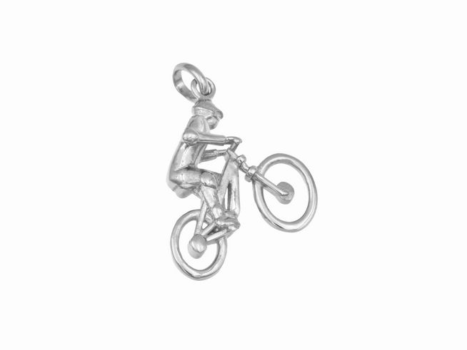 Anhänger Radler aus rhodiniertem Sterling Silber, dargestellt durch eine filigran gestaltete Figur auf einem Fahrrad, vom Hersteller Juwelier Harnisch, ideal für Sportliebhaber.