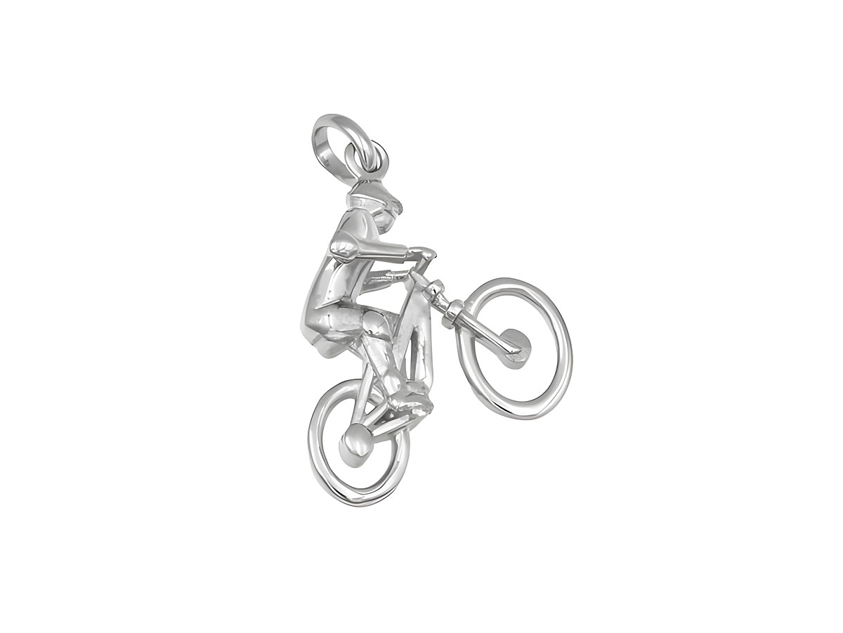 Anhänger Radler aus rhodiniertem Sterling Silber, dargestellt durch eine filigran gestaltete Figur auf einem Fahrrad, vom Hersteller Juwelier Harnisch, ideal für Sportliebhaber.