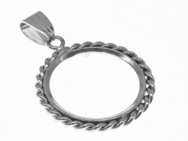 Münzfassung Anhänger aus rhodiniertem 925 Sterling Silber mit Kordeldesign, geeignet für Münzen bis 21,2 mm Durchmesser, Hersteller Juwelier Harnisch.