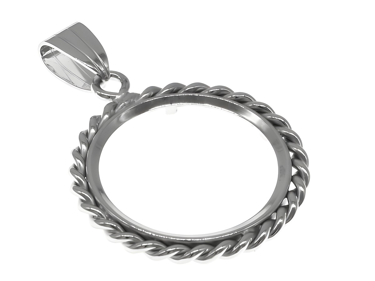 Münzfassung Anhänger aus rhodiniertem 925 Sterling Silber mit Kordeldesign, geeignet für Münzen bis 21,2 mm Durchmesser, Hersteller Juwelier Harnisch.