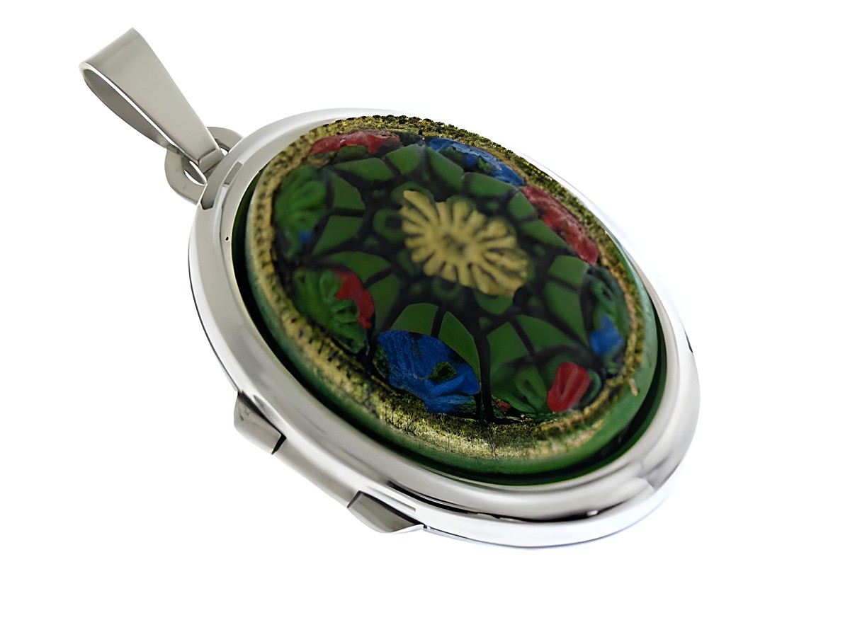 Green line Medaillon mit Cabochon aus Sterling Silber rhodiniert, hergestellt von Juwelier Harnisch, mit filigranem Muster in Grün, Blau, Rot und Gold. Ideal als Schmuckstück für besondere Anlässe.