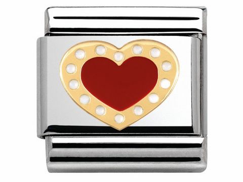 Herzförmiges Charm aus Edelstahl mit rotem Email und goldfarbener Umrandung, verziert mit Kügelchen, für klassischen Schmuck von Nomination. Ideal als Geschenk oder für persönliche Sammlungen.