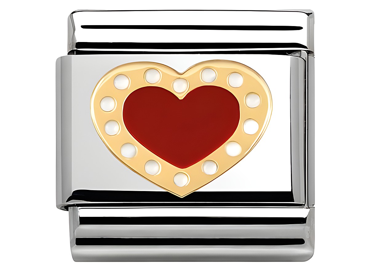 Herzförmiges Charm aus Edelstahl mit rotem Email und goldfarbener Umrandung, verziert mit Kügelchen, für klassischen Schmuck von Nomination. Ideal als Geschenk oder für persönliche Sammlungen.