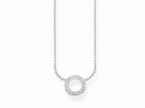 Kette von Thomas Sabo aus Silber mit einem runden Anhänger, verziert mit kleinen Zirkonia-Steinen, Länge einstellbar auf 40 cm, 42,5 cm oder 45 cm, modernes Design.