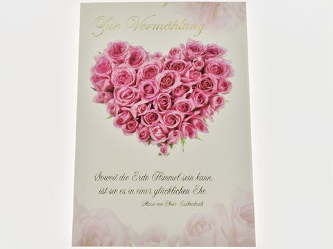 Hochzeitskarte mit einem Herzen aus rosa Rosen auf hellem Hintergrund, beschriftet mit "Zur Vermählung" und einem romantischen Text, Hersteller: Juwelier Harnisch, Hochzeitskarten.