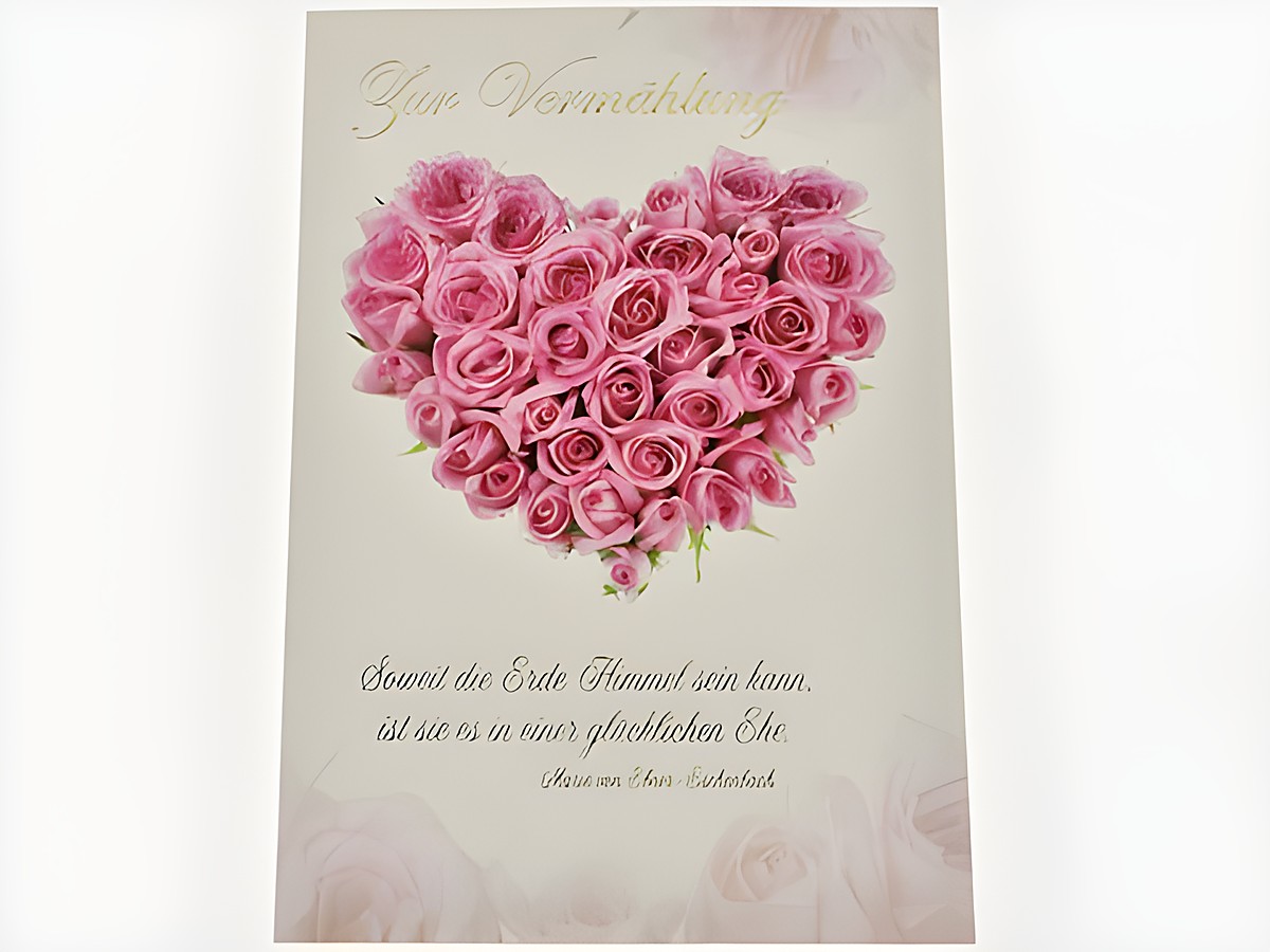 Hochzeitskarte mit einem Herzen aus rosa Rosen auf hellem Hintergrund, beschriftet mit "Zur Vermählung" und einem romantischen Text, Hersteller: Juwelier Harnisch, Hochzeitskarten.