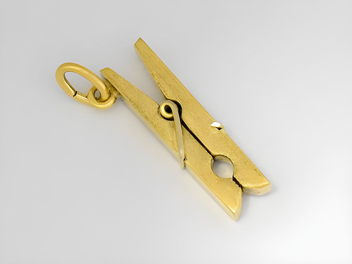 Gold Anhänger in Form einer Wäscheklammer, mattiert, aus Gold 333, Hersteller: Juwelier Harnisch, ideal als kreative Ergänzung für Schmuck und Haushalt.