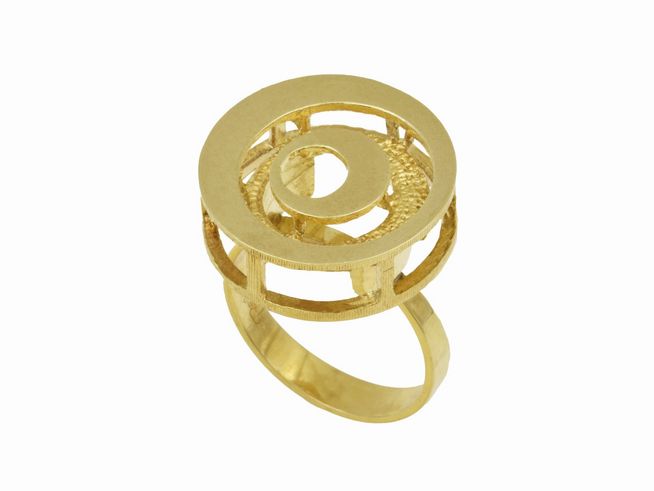 Gelbgold Ring aus 333er Gold in Größe 56, Hersteller Juwelier Harnisch, mit einem modernen, abstrakten Design und kreisförmigen Elementen. Ideal für stilbewusste Träger.