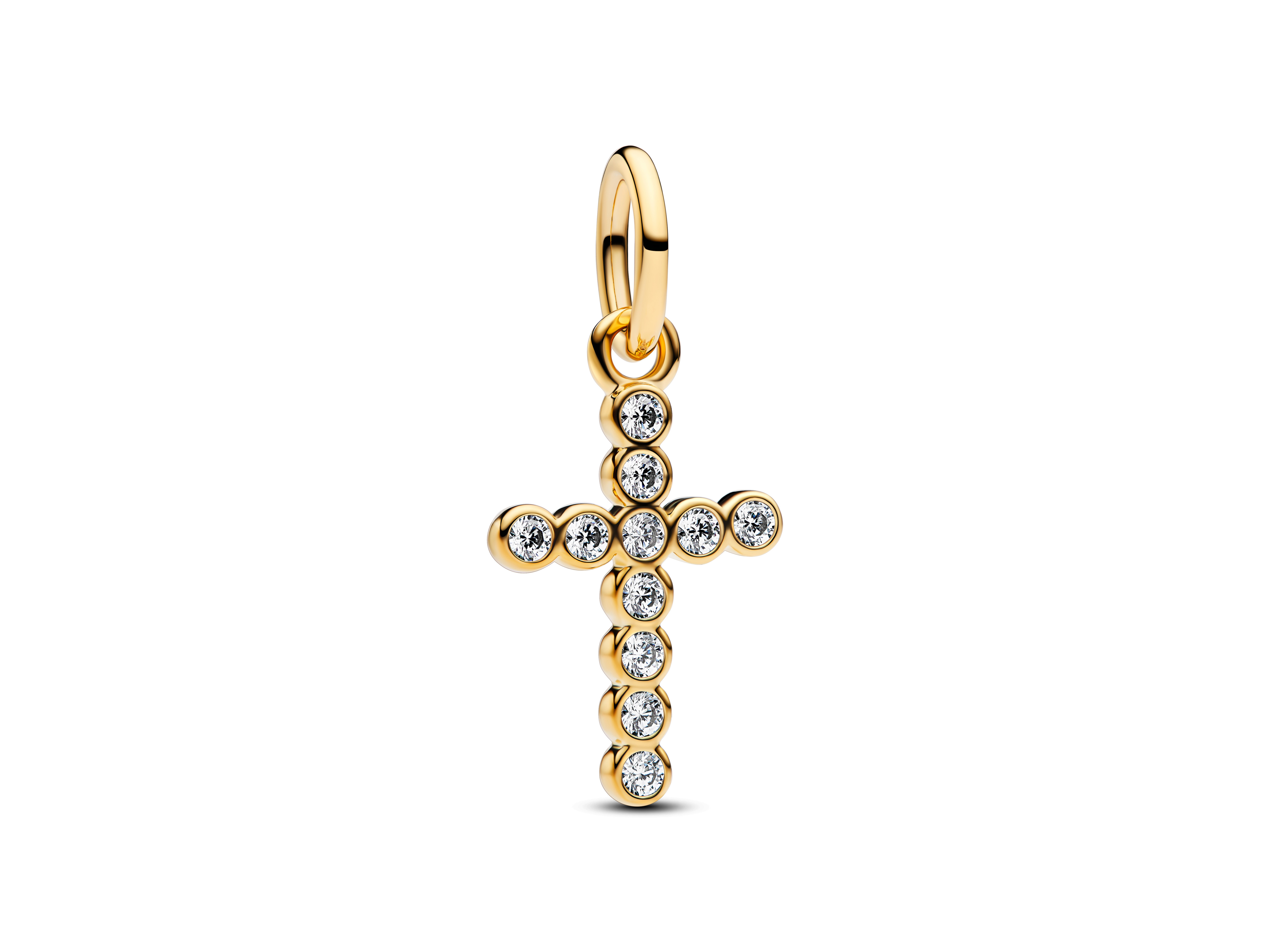 Kreuz Charm-Anhänger in Gelbgold Vergoldung mit funkelnden Zirkonia-Steinen, elegantes Design für stilvolle Schmuckliebhaber, ideale Ergänzung für jede Kollektion.