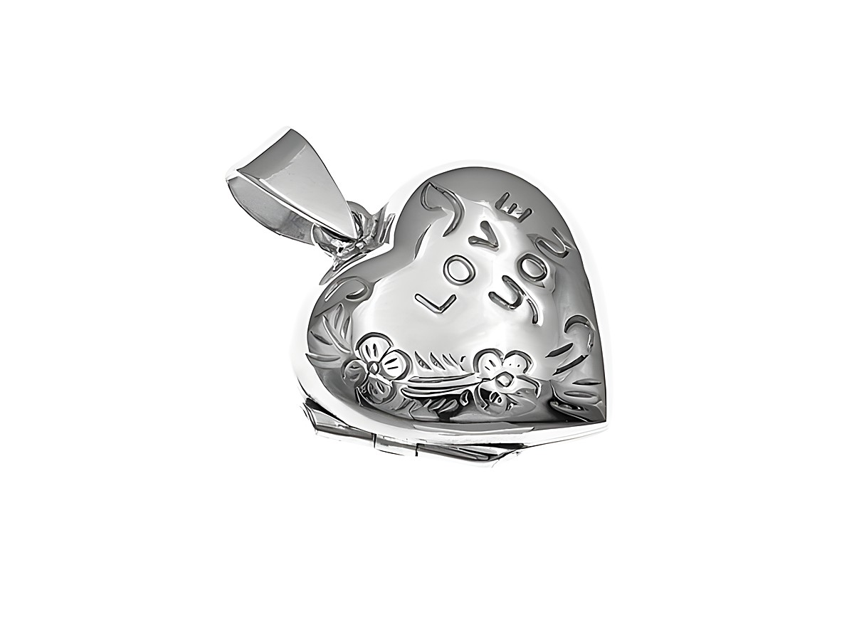 Silber Medaillon in Herzform mit der Gravur I love you und floralen Verzierungen, hergestellt von Juwelier Harnisch. Ein romantisches Schmuckstück für besondere Anlässe.