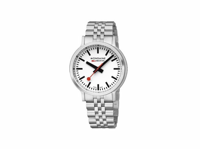 Mondaine Uhr MST.4101B.SJ.1 Limited Edition Stop2Go in Edelstahl mit 41 mm Gehäusedurchmesser, weißem Ziffernblatt, roten Sekundenzahlen und robustem Armband.