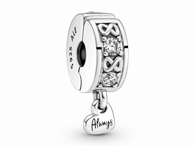 Pandora 791151C01 Familie Für Immer Pavé Clip Charm aus Sterling Silber mit Zirkonia, verziert mit Unendlichkeitssymbolen und einem Herzanhänger mit der Aufschrift Always.