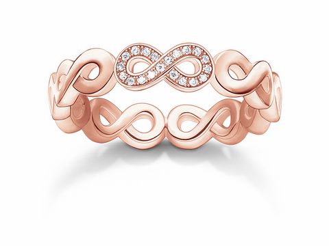 Ring von Thomas Sabo in Roségold mit unendlicher Symbolik, verziert mit weißen Diamanten, Größe 54, aus vergoldetem Silber.