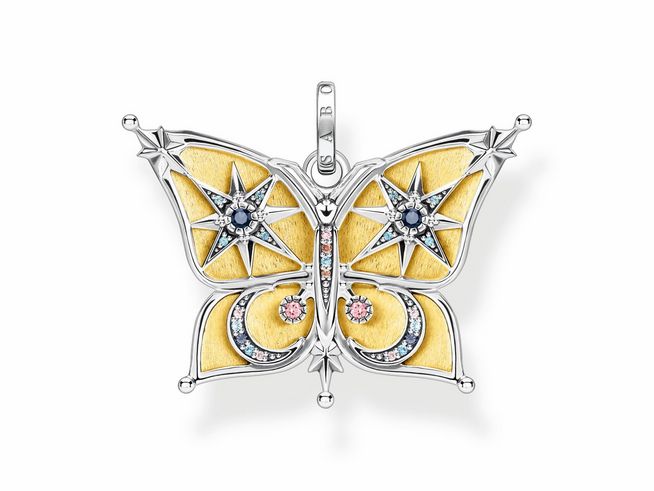 Thomas Sabo PE897-556-7 Anhänger in Form eines magischen Schmetterlings aus Silber mit gelbgold vergoldeten Elementen und Glas-Keramik Steinen, kombinierte Farben und detailliertes Design.