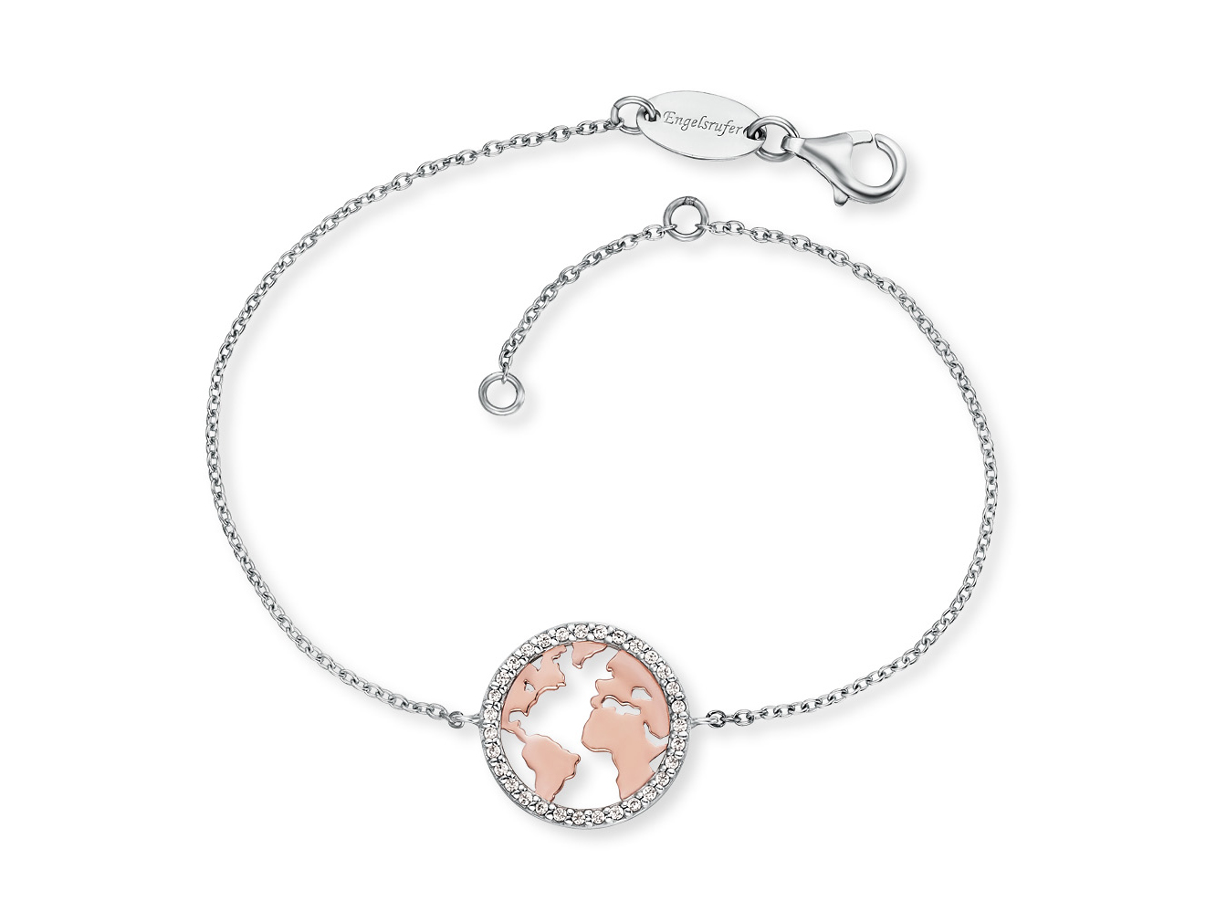 Armband Welt Bicolor aus Roségold vergoldet auf Silber mit einem Anhänger in Form der Erde, umgeben von Zirkonia-Steinen, gefertigt von Engelsrufer, Länge 17 cm.
