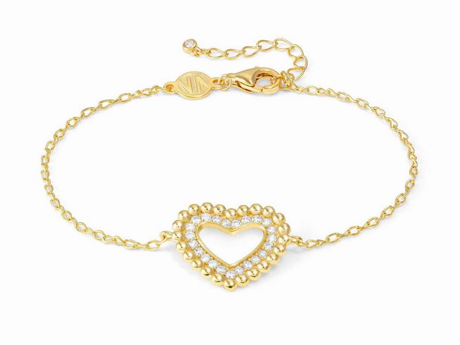 Armband aus Sterling Silber mit goldener Auflage, verziert mit einem herzförmigen Schmuckstück und funkelnden Steinen, verstellbare Länge von 16 bis 19 cm, Hersteller Nomination LovCloud.