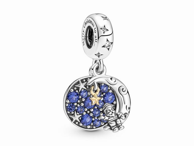 Pandora Charm Anhänger 769648C01 mit Santa Claus auf dem Mond, doppelter Anhänger aus Silber und gelbgold vergoldet, verziert mit bunten Kristallen und einem Stern.
