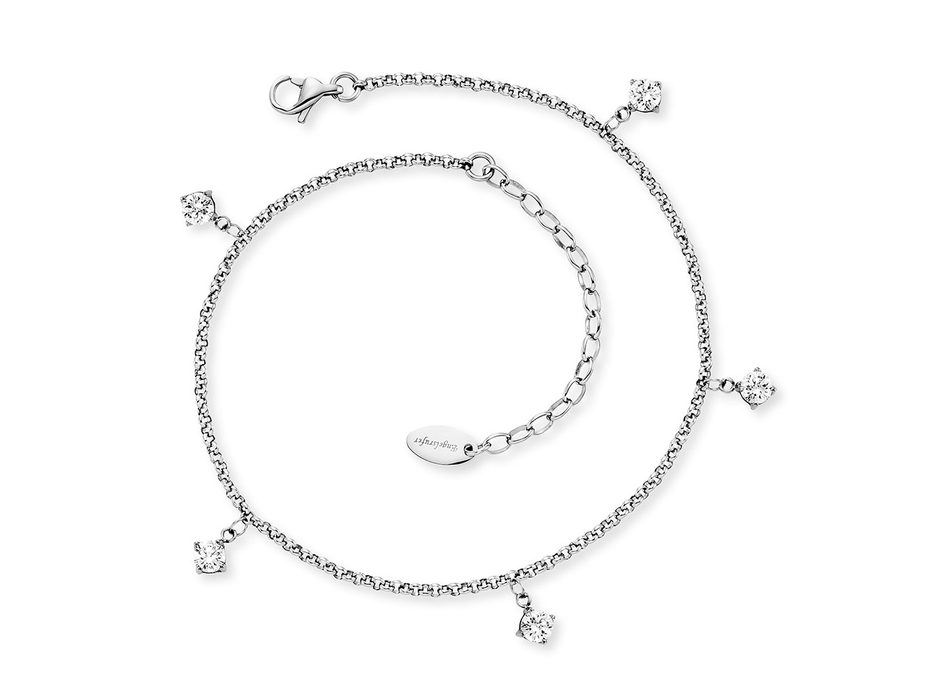 Edelstahl-Fußkette mit glänzenden Zirkonia, in zwei Längen verstellbar, elegante und funkelnde Akzente, ideal für einen stilvollen Look, Hersteller: Engelsrufer, Neuheiten.
