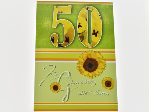 Grüne Geburtstagskarte mit großen gelben Zahlen 50 und gelben Blütenmotiven, текст "Zum Geburtstag alles Gute", Hersteller Juwelier Harnisch.